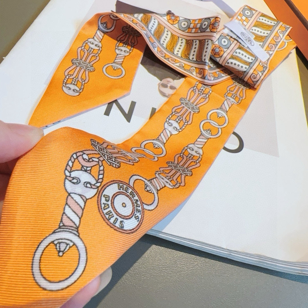 Hermes Style Harness Wreath Double-Sided Silk Twilly - Orange - Detail Image 6