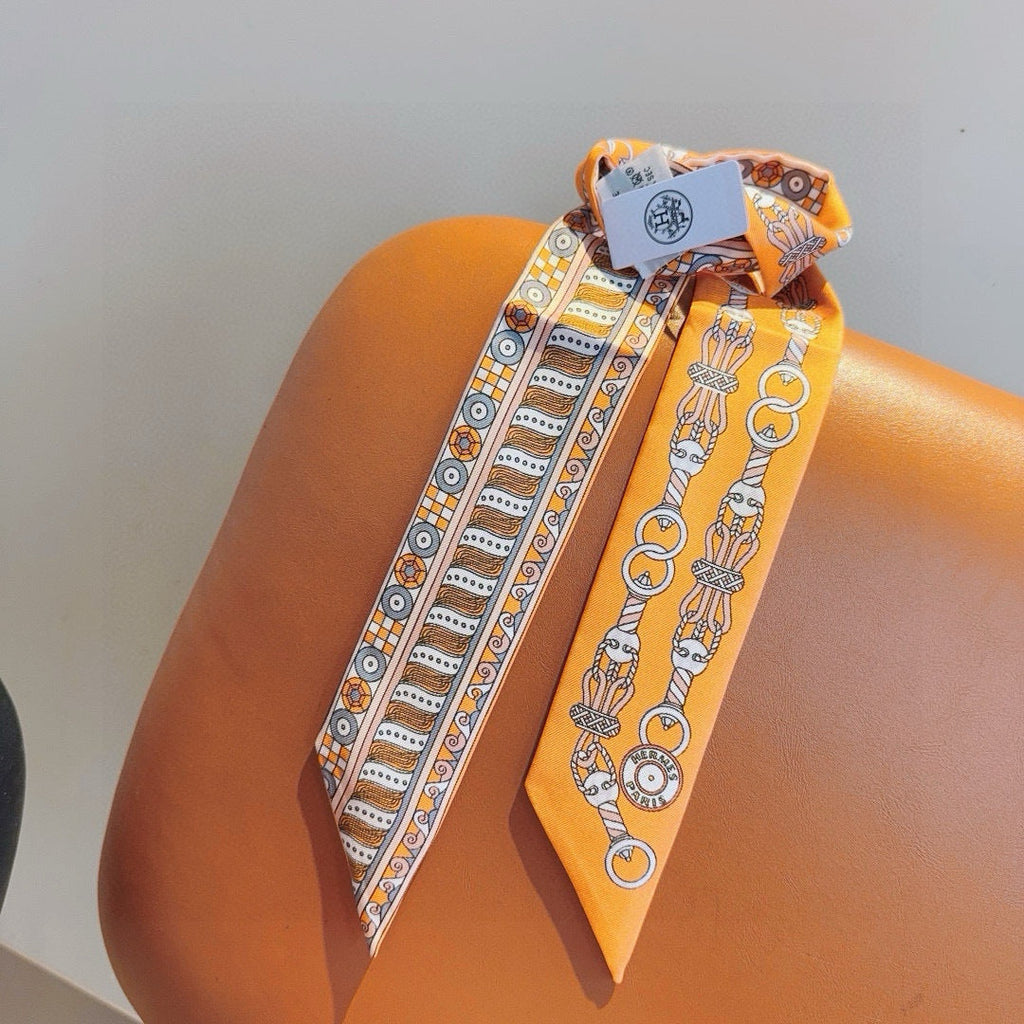 Hermes Style Harness Wreath Double-Sided Silk Twilly - Orange - Detail Image 8