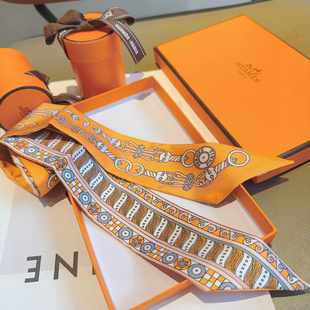 Hermes Style Harness Wreath Double-Sided Silk Twilly - Orange - Detail Image 9