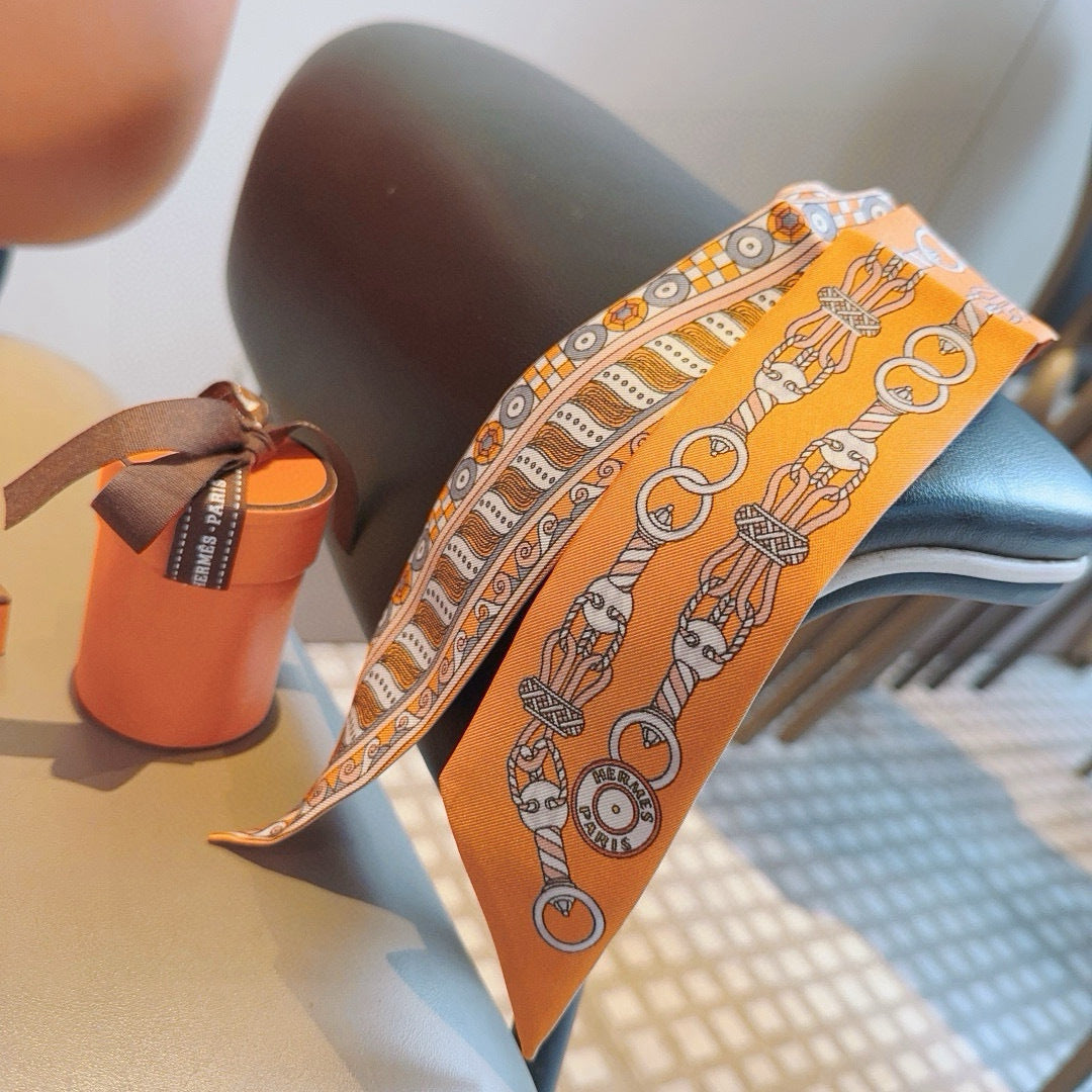 Hermes Style Harness Wreath Double-Sided Silk Twilly - Orange - Detail Image 10