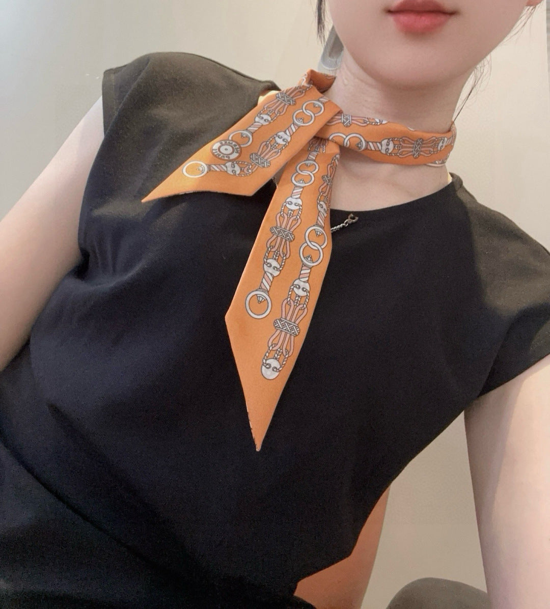 Hermes Style Harness Wreath Double-Sided Silk Twilly - Orange - Model Worn Main Image