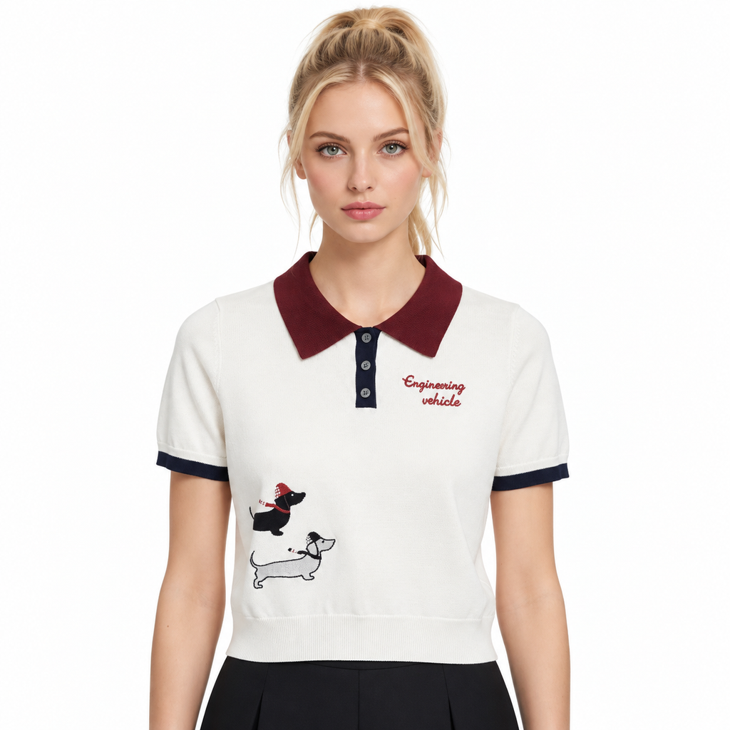 New Puppy-Embroidered Knitted T-Shirt - Model Main Image