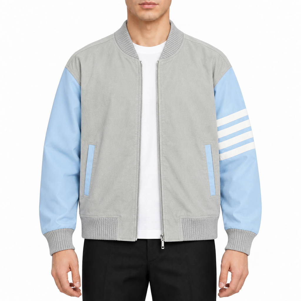 Macaron Baseball Uniform by Thom Browne, modeled on a pure white background