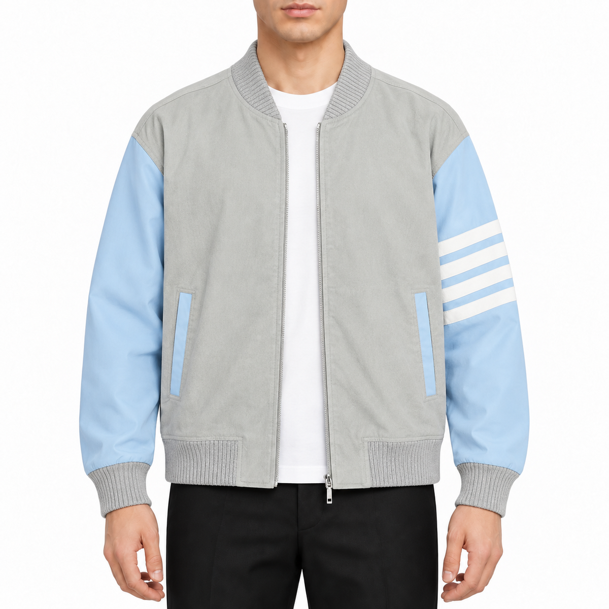 Macaron Baseball Uniform by Thom Browne, modeled on a pure white background