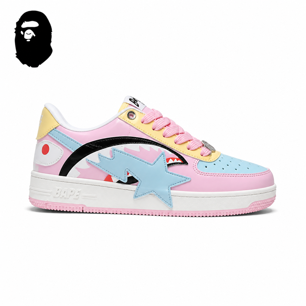 BAPE STA Pastel Low-Top Sneakers - Pink/Blue, single side view on a white background