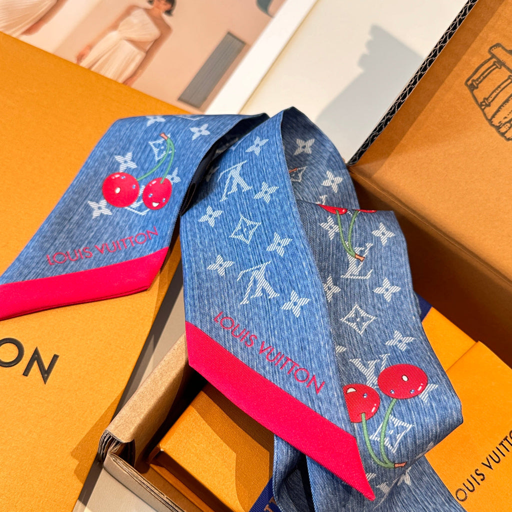 Louis Vuitton Style Murakami Cherry Silk Twilly - Blue - Detail Image 4