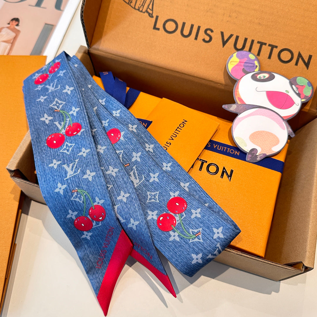 Louis Vuitton Style Murakami Cherry Silk Twilly - Blue - Detail Image 9