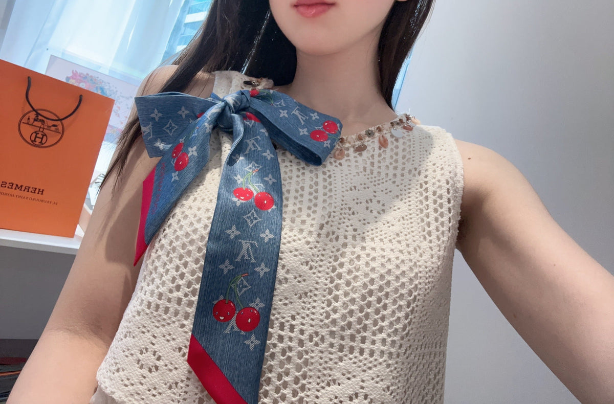 Louis Vuitton Style Murakami Cherry Silk Twilly - Blue - Model Worn Main Image