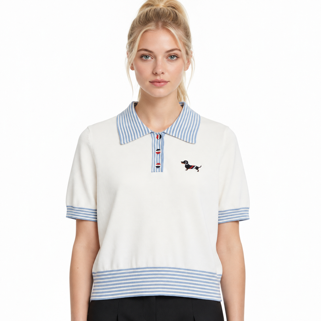 New Puppy-Embroidered Knitted T-Shirt - Model Main Image