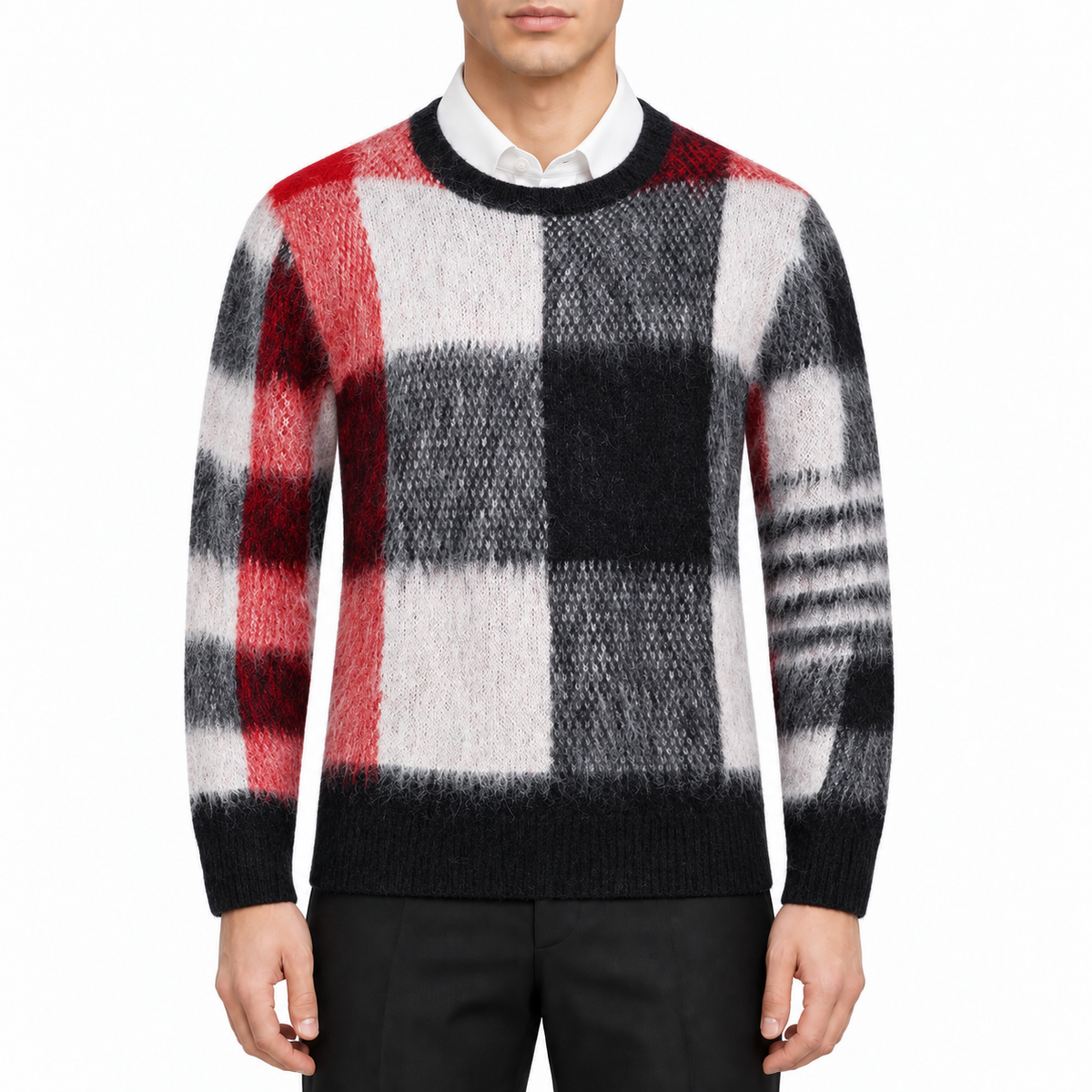 Men's Square Sweater by Thom Browne, modeled on a pure white background