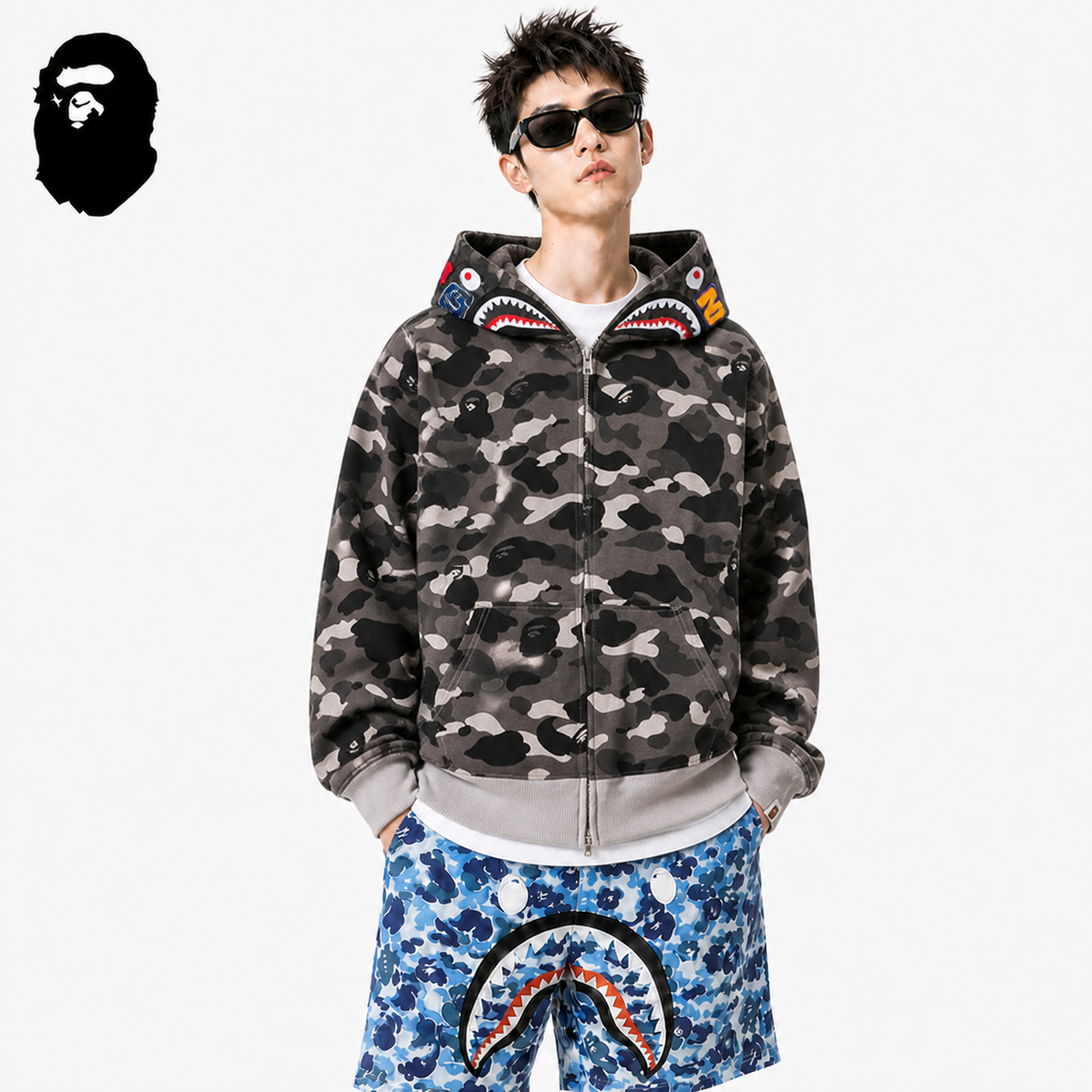 BAPE Camo Shark Hoodie S4 - Five Colorways styled on a male model