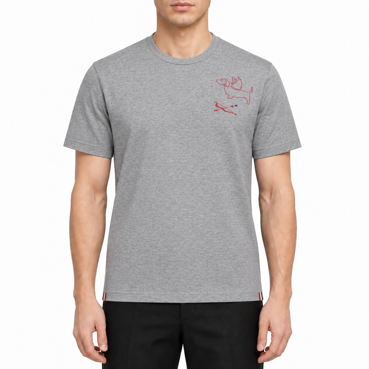 Men's Classic Four-Bar Puppy Dog T-Shirt - 100% Cotton Made in Japan by Thom Browne, modeled on a pure white background
