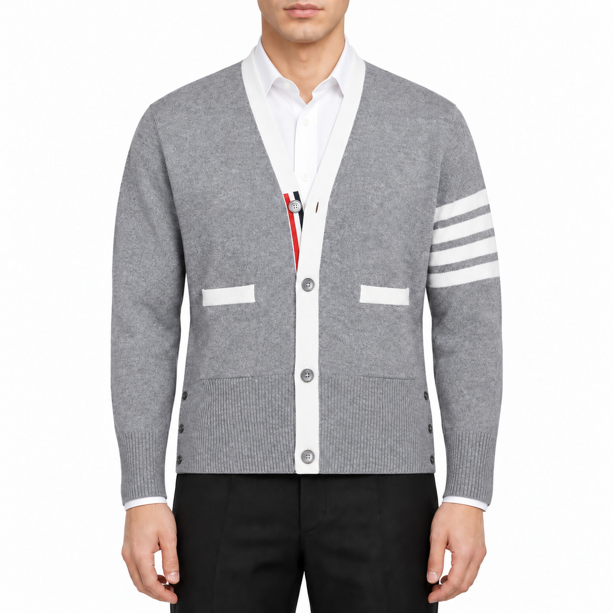 Men's Wool Knitwear by Thom Browne, modeled on a pure white background