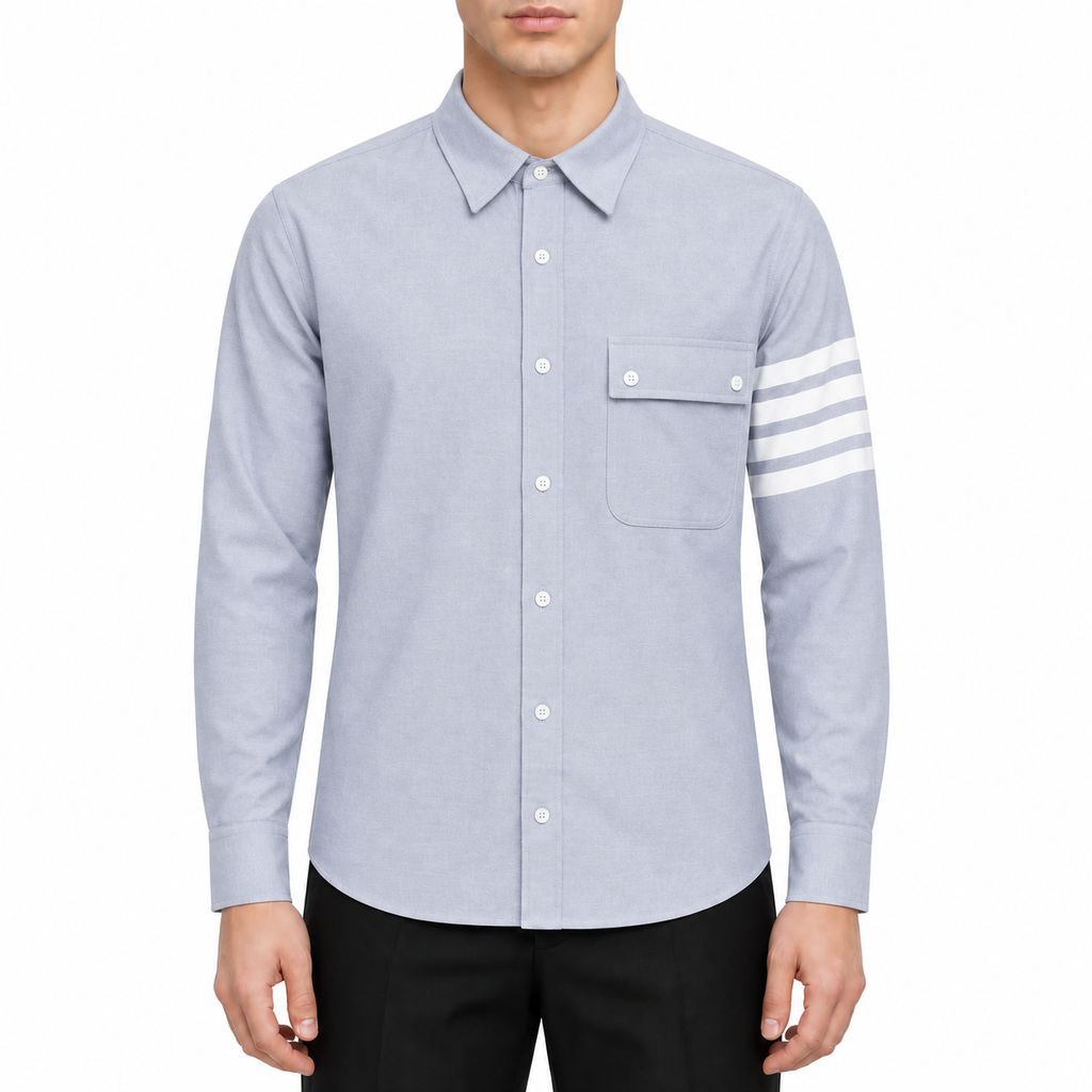 Men's Casual Oxford Shirt - 100% Cotton Button - Front Shirt by Thom Browne, modeled on a pure white background