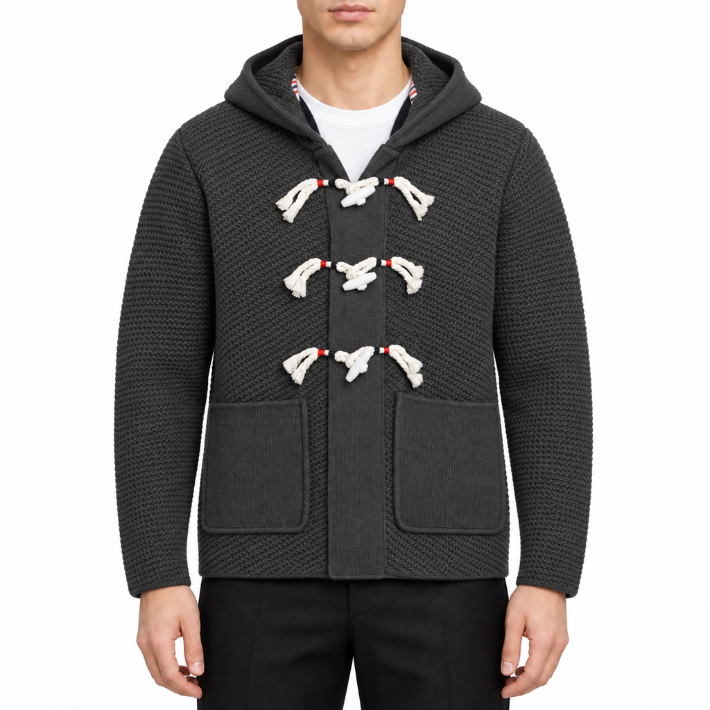 Men's hooded jacket by Thom Browne, modeled on a pure white background