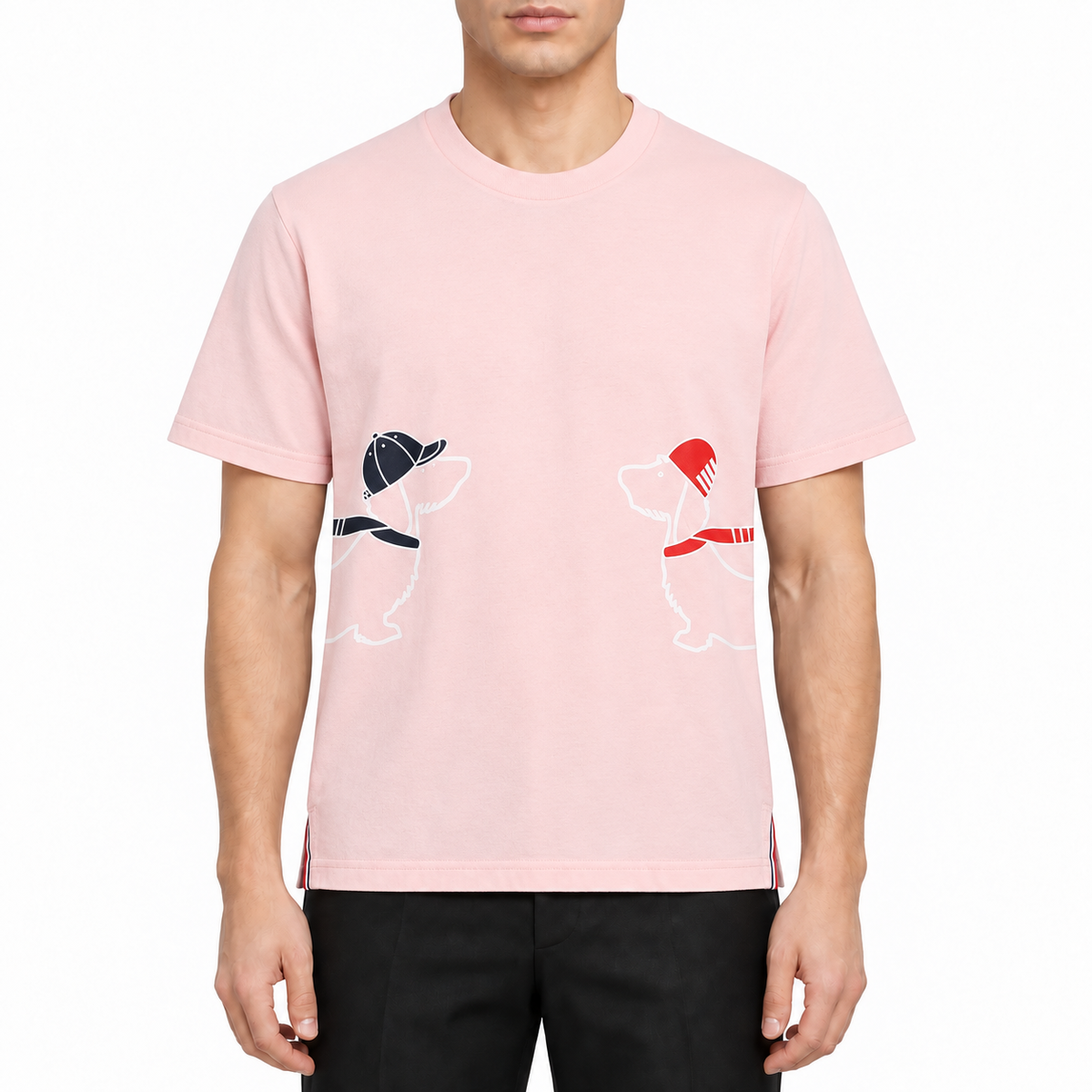 Men's Classic Four-Bar Couple Puppy Dog T-Shirt - 100% Cotton Made in Japan by Thom Browne, modeled on a pure white backgroun