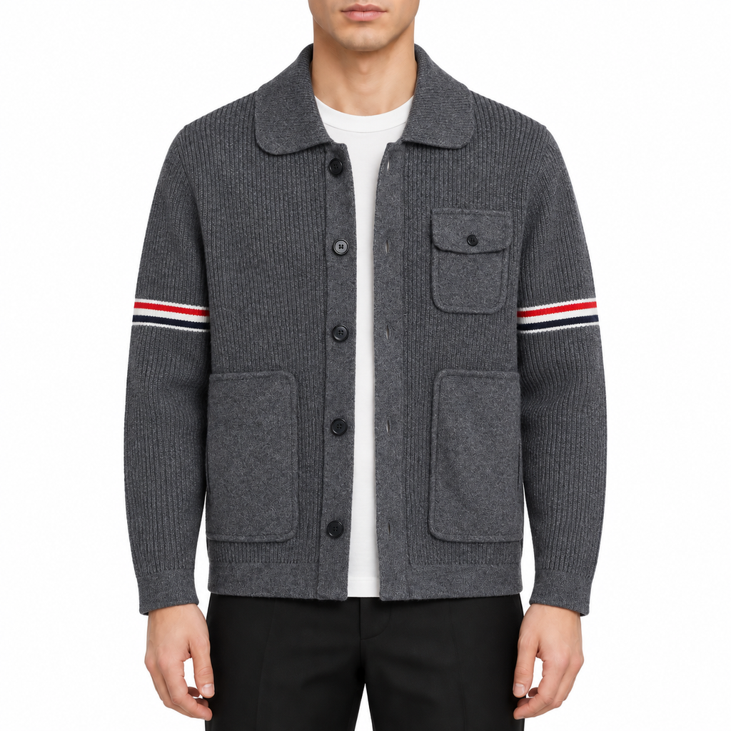 Men's coat by Thom Browne, modeled on a pure white background