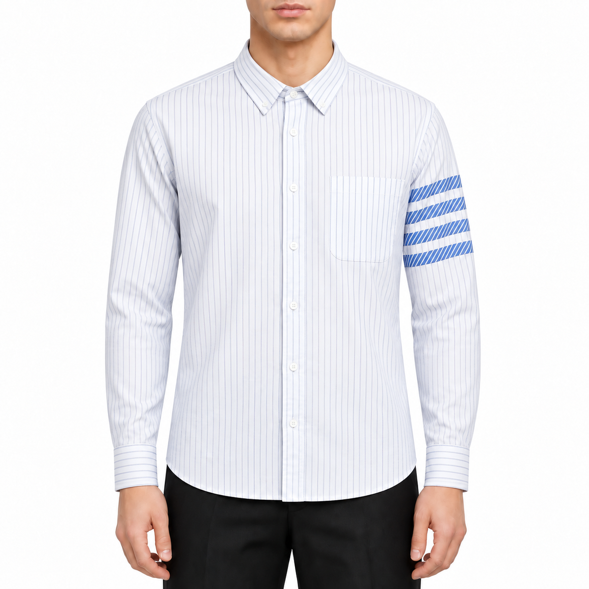 Men's Casual Business Shirt - 100% Cotton Button - Down Shirt by Thom Browne, modeled on a pure white background