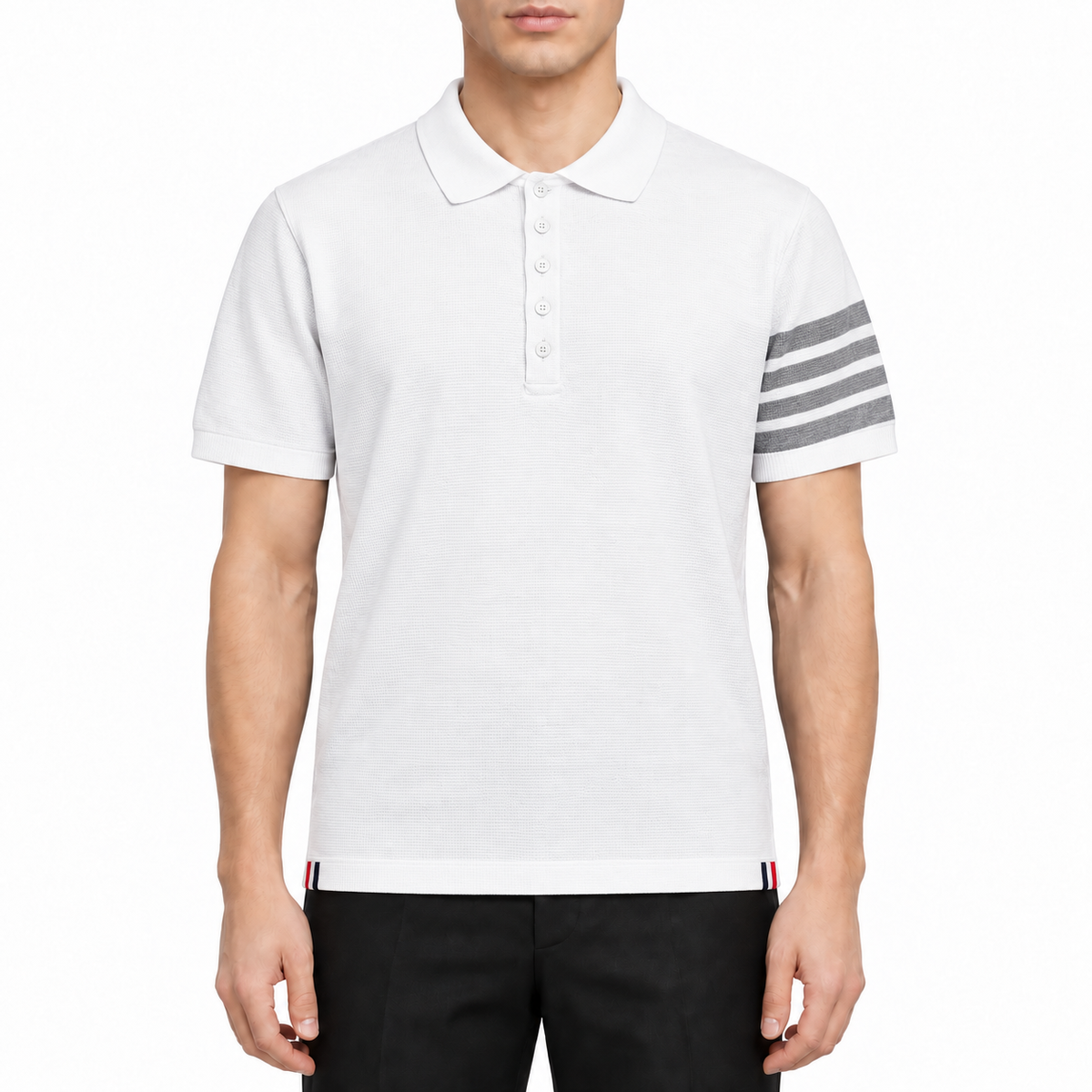 Men's Classic Four-Bar Wool Polo Shirt by Thom Browne, modeled on a pure white background