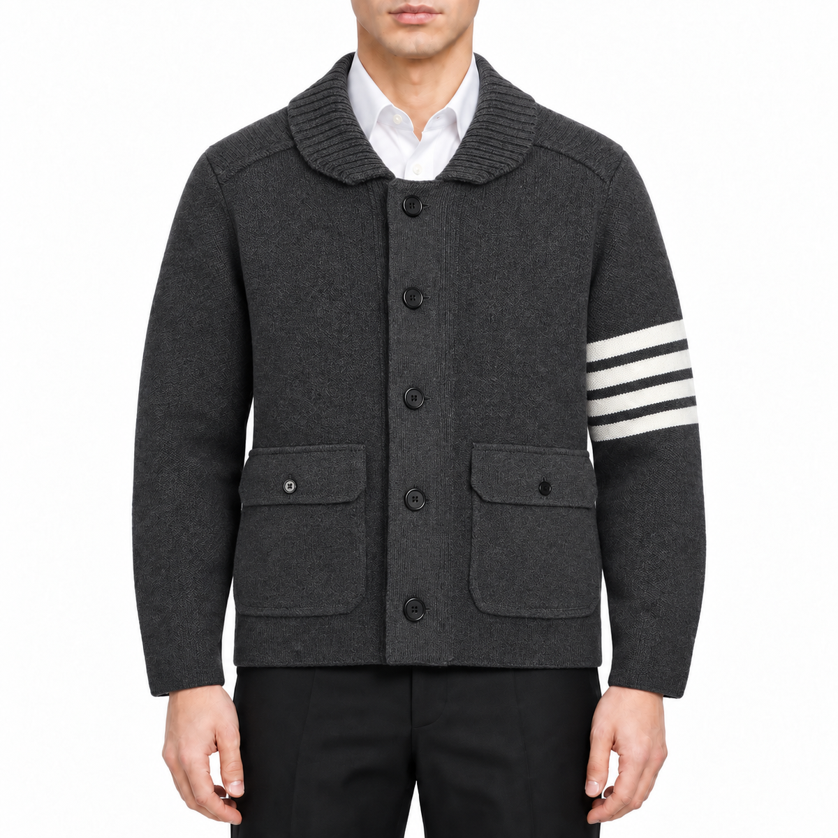 Men's jacket by Thom Browne, modeled on a pure white background