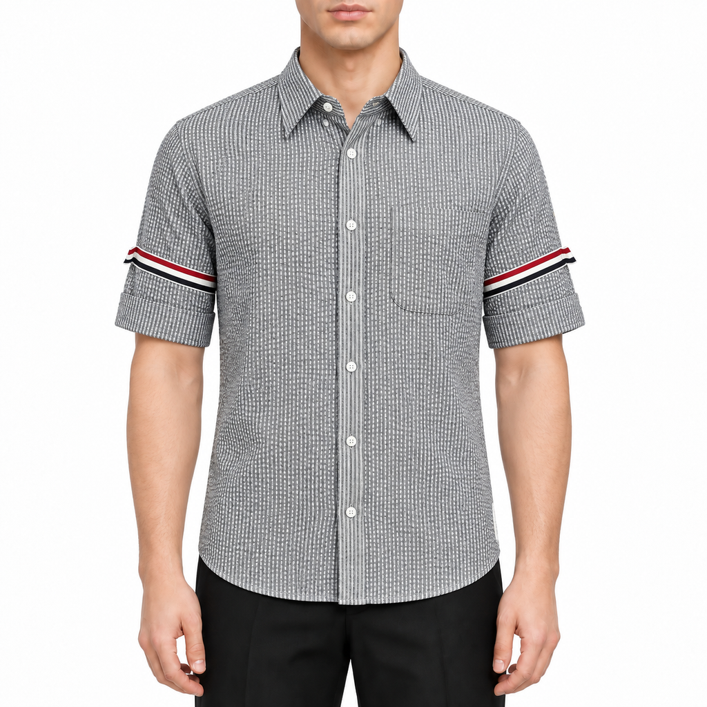 Men's Seersucker Oxford Shirt - Premium Cotton Button Front Dress Shirt by Thom Browne, modeled on a pure white background
