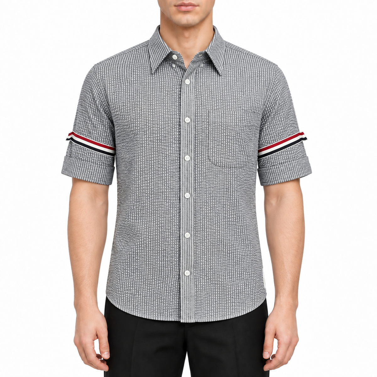 Men's Seersucker Oxford Shirt - Premium Cotton Button Front Dress Shirt by Thom Browne, modeled on a pure white background