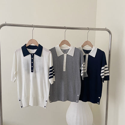 Polo collar short sleeve sweater