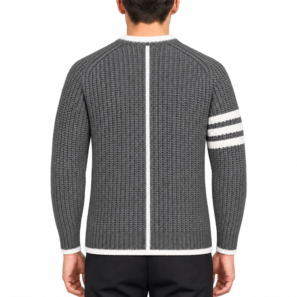 Classic Four-Bar Couples Knitwear Sweater - 100% Cotton Made in Japan by Thom Browne, modeled on a pure white background