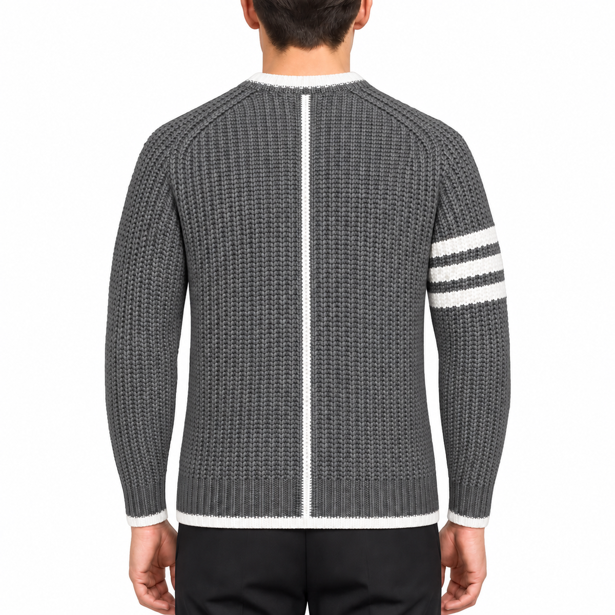 Classic Four-Bar Couples Knitwear Sweater - 100% Cotton Made in Japan by Thom Browne, modeled on a pure white background