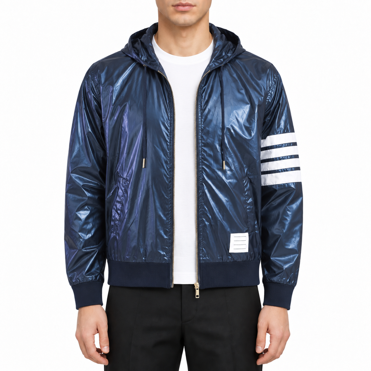 Men's Jacket by Thom Browne, modeled on a pure white background