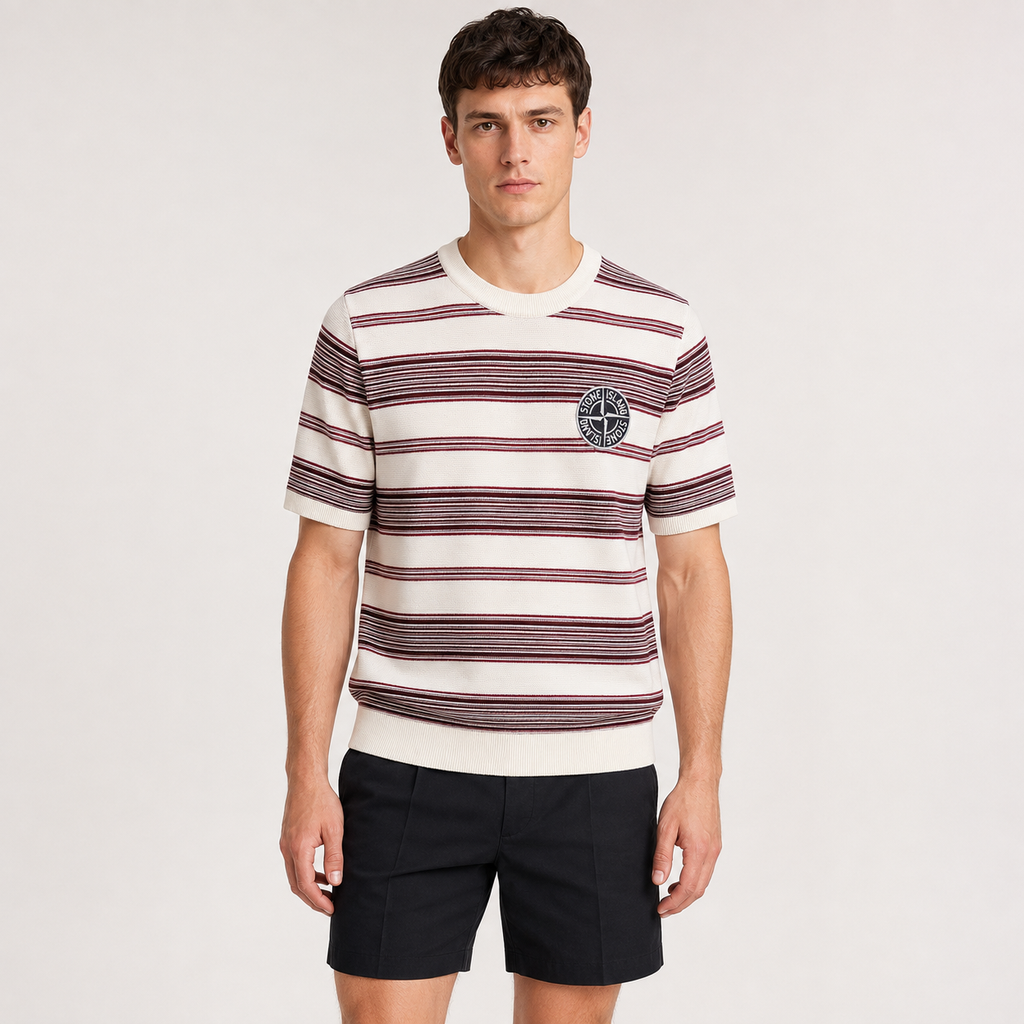 Stone Island Compass Badge Striped Knit T-Shirt - Red product detail view