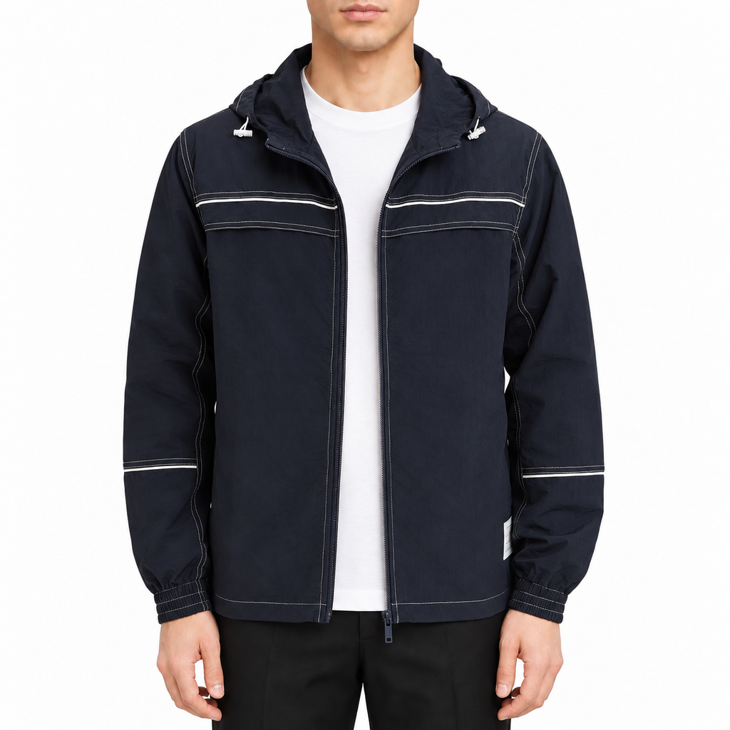 Men's Jacket by Thom Browne, modeled on a pure white background