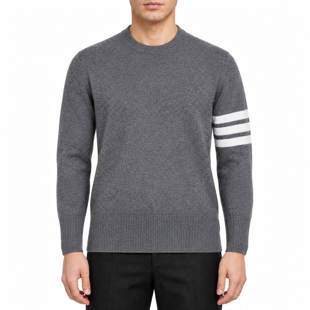 Classic Four-Bar Couples Wool Sweater - 100% Cotton Made in Japan by Thom Browne, modeled on a pure white background