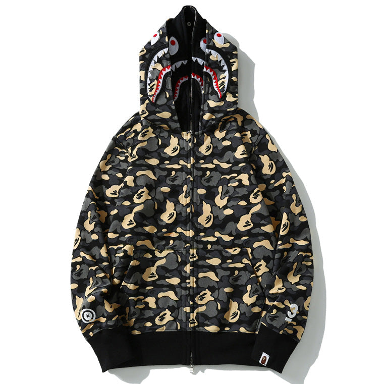 BAPE Black Camo Double-Hood Shark Zip Hoodie product view 3