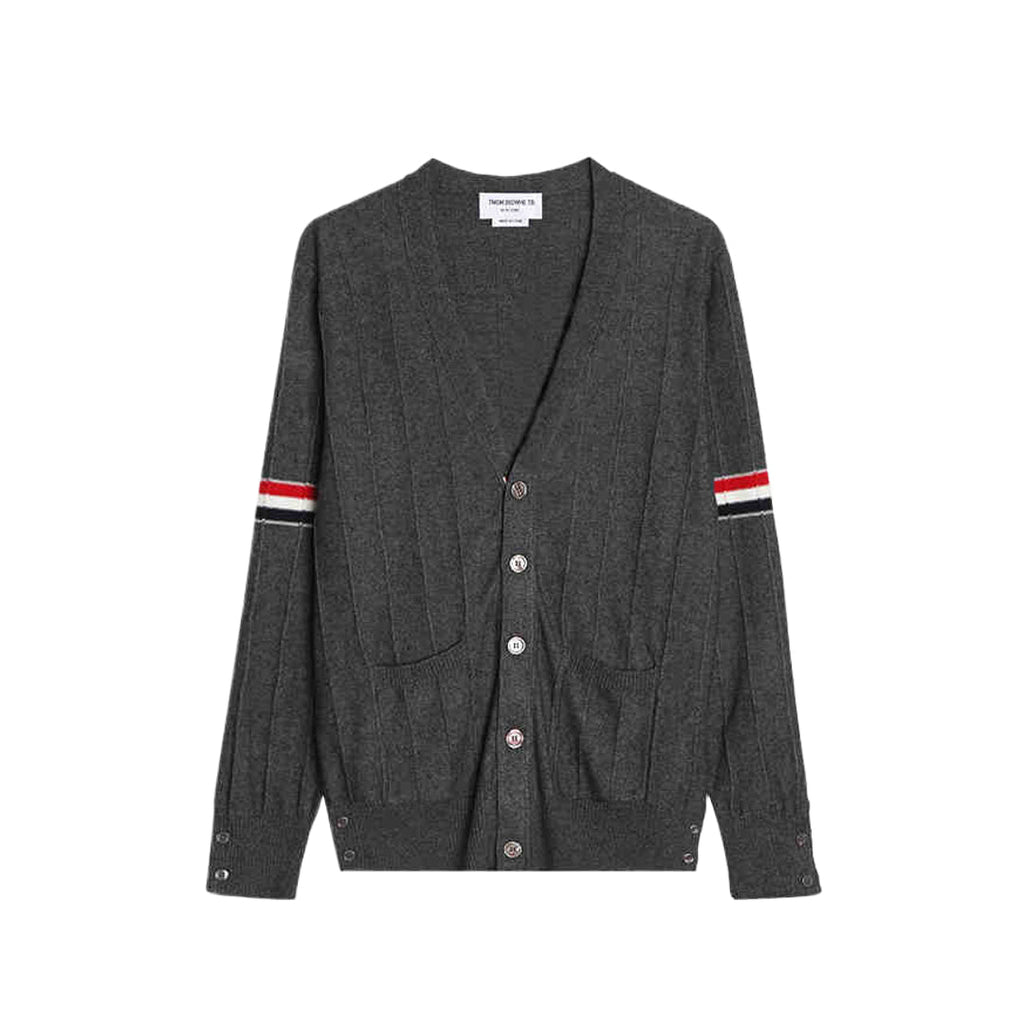 Men's sweater coat by Thom Browne, knitwear detail view