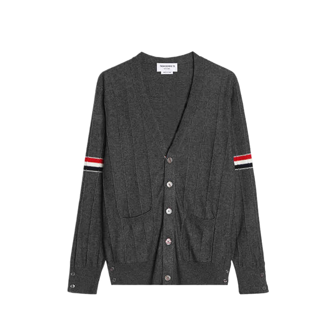 Men's sweater coat by Thom Browne, knitwear detail view