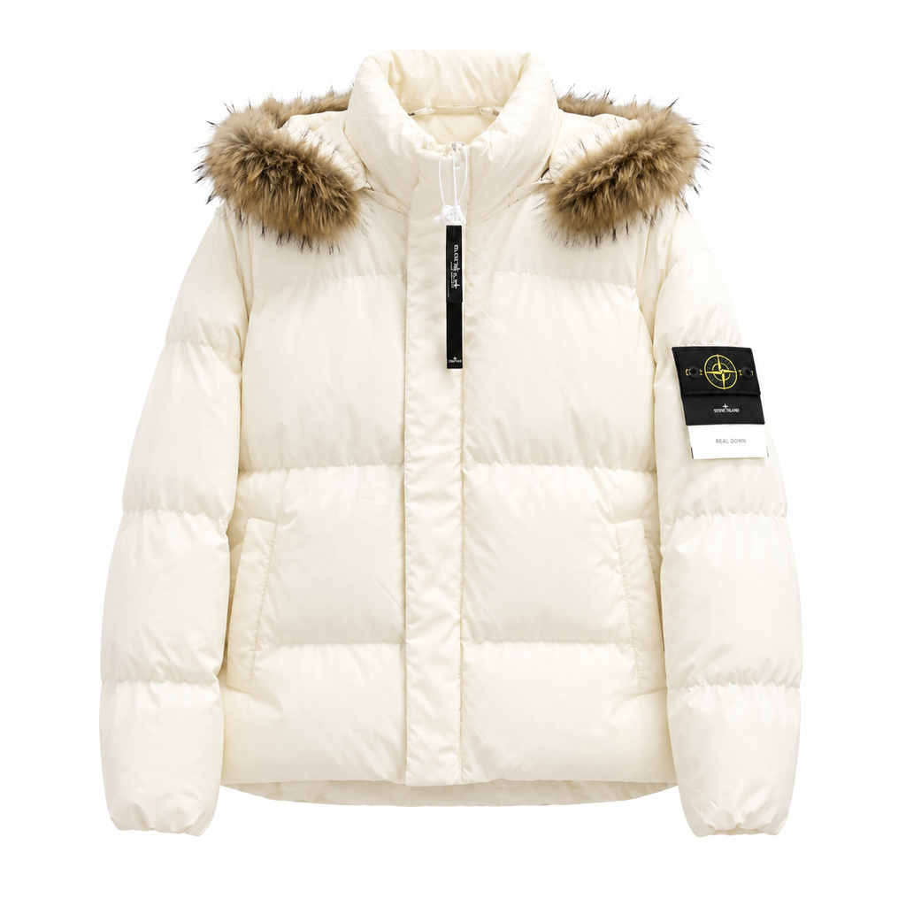 Stone Island Fur-Trim Hooded Padded Jacket - White front view