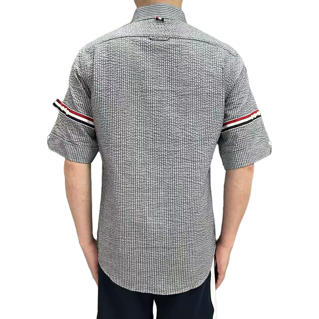 Men's Seersucker Oxford Shirt - Premium Cotton Button Front Dress Shirt by Thom Browne, shirt detail view