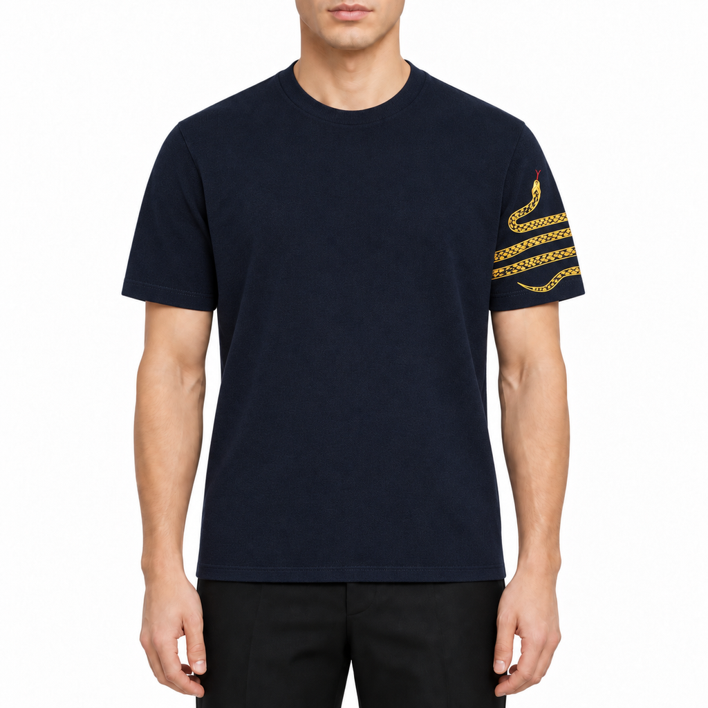 Men's Classic T-shirt by Thom Browne, modeled on a pure white background
