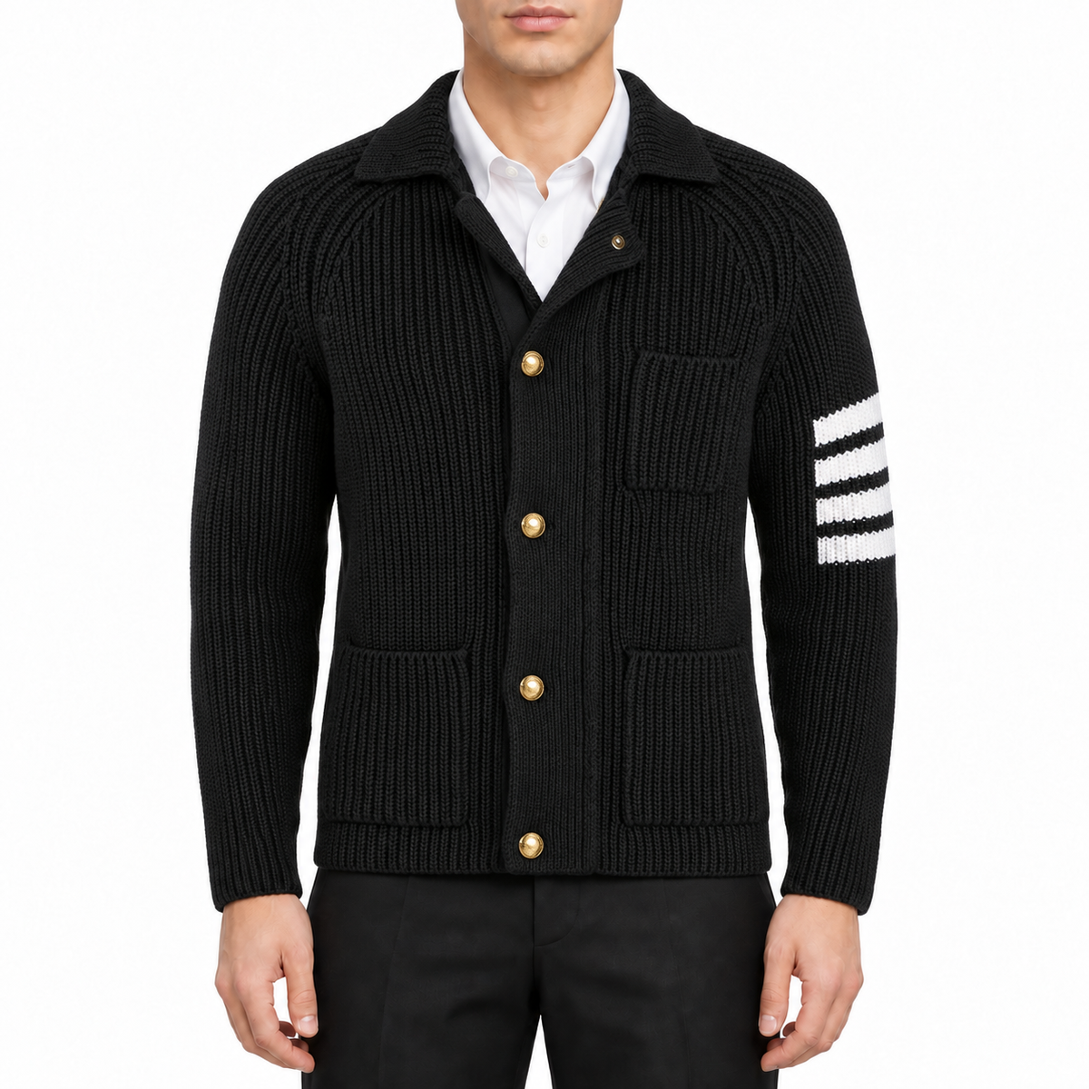 Men's Wool cardigan by Thom Browne, modeled on a pure white background