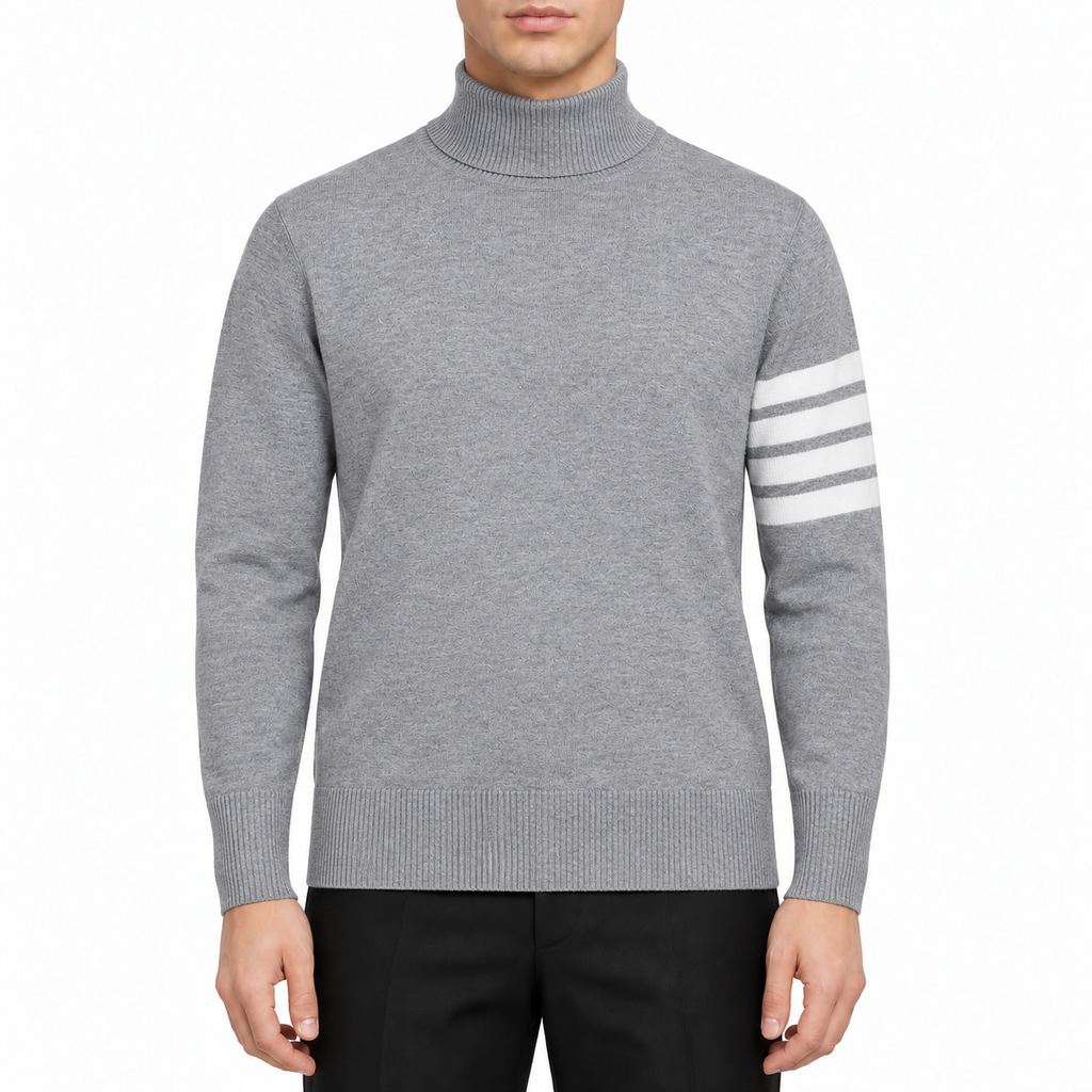 Men's Sweaters by Thom Browne, modeled on a pure white background