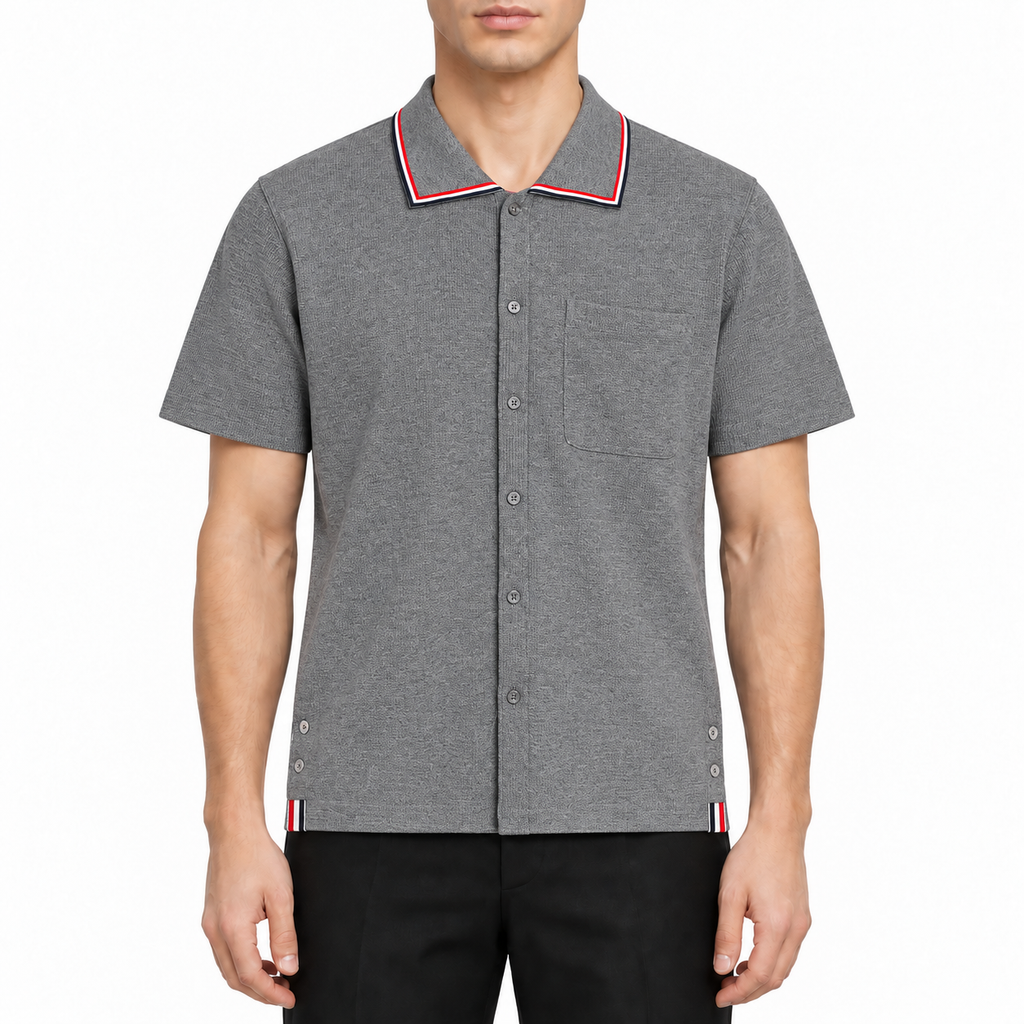 Men's T-shirt by Thom Browne, modeled on a pure white background