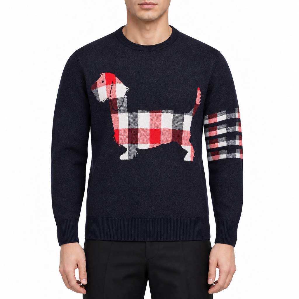 Men's Puppy Sweater by Thom Browne, modeled on a pure white background
