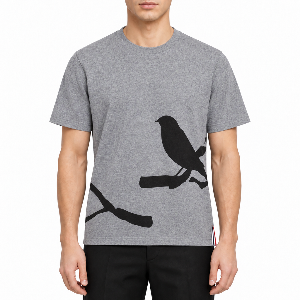Men's T-shirt by Thom Browne, modeled on a pure white background