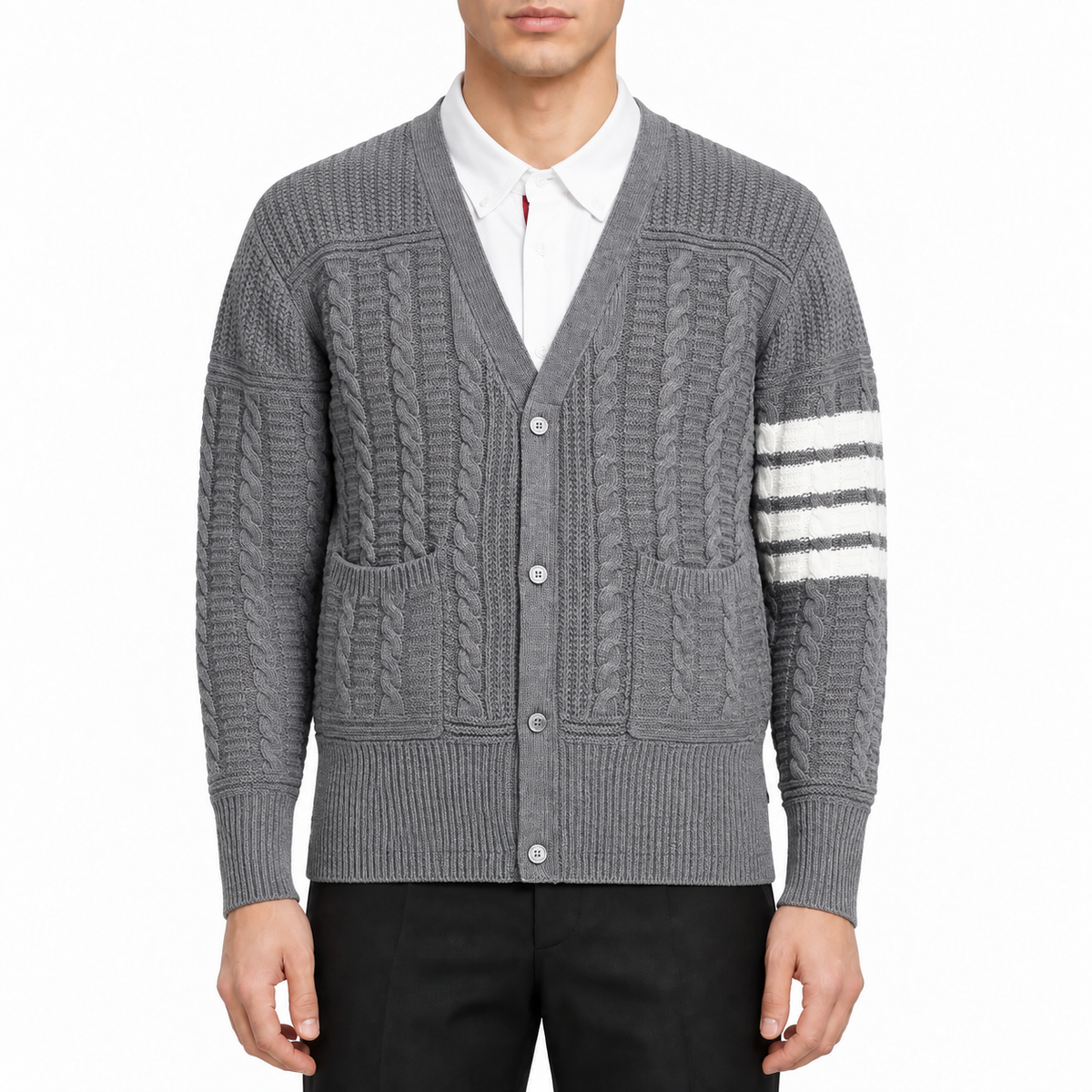 Men's Sweaters by Thom Browne, modeled on a pure white background