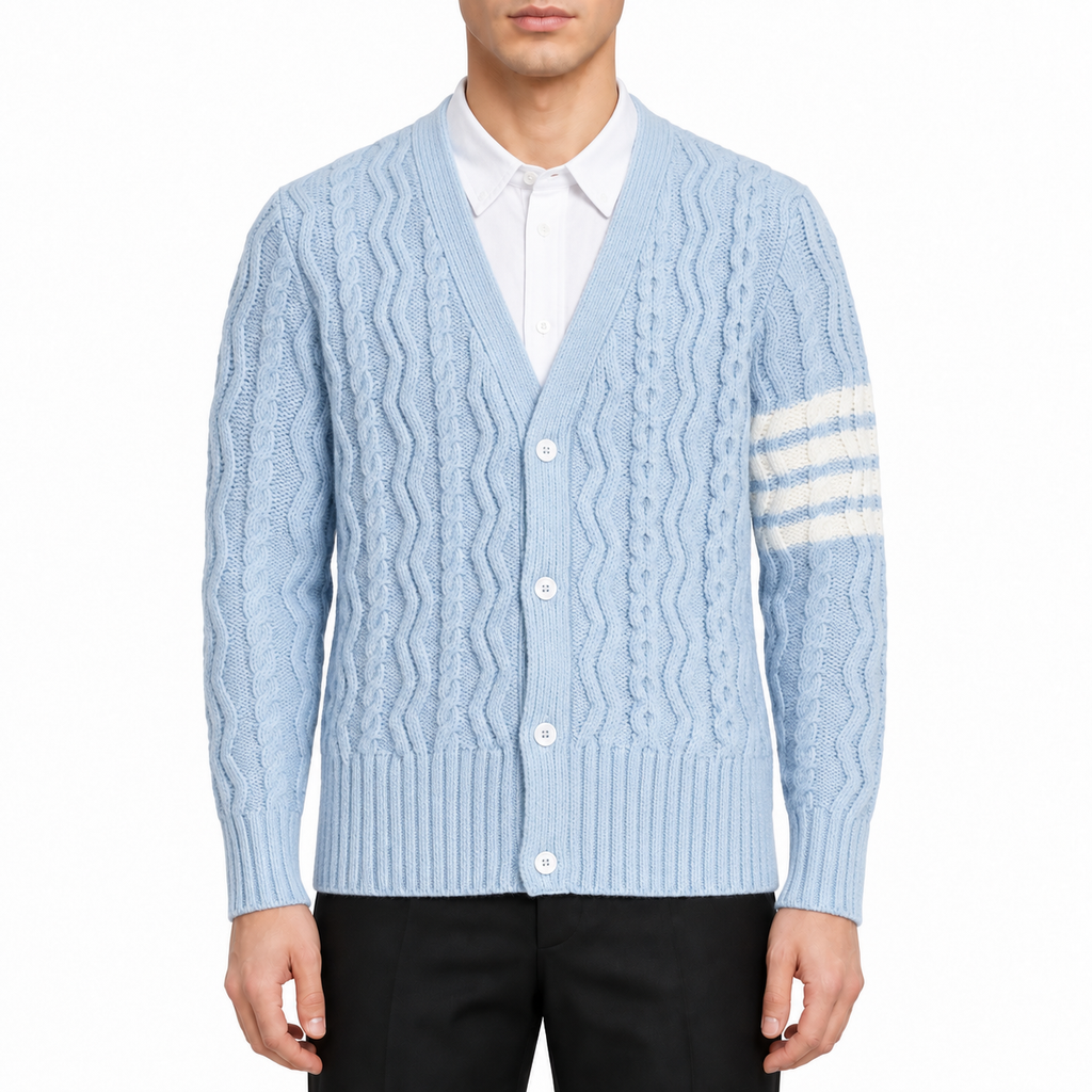 Sweater Jacket by Thom Browne, modeled on a pure white background