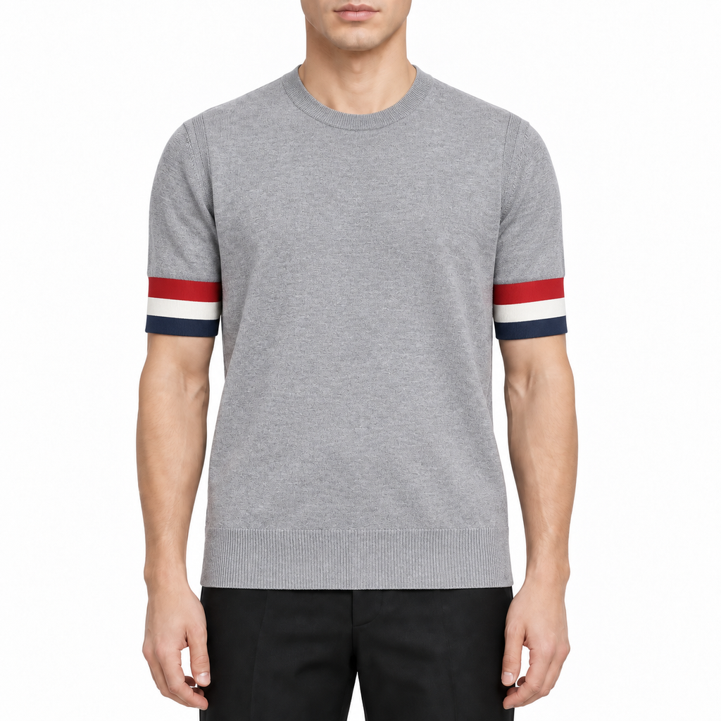 Men's T-Shirt by Thom Browne, modeled on a pure white background