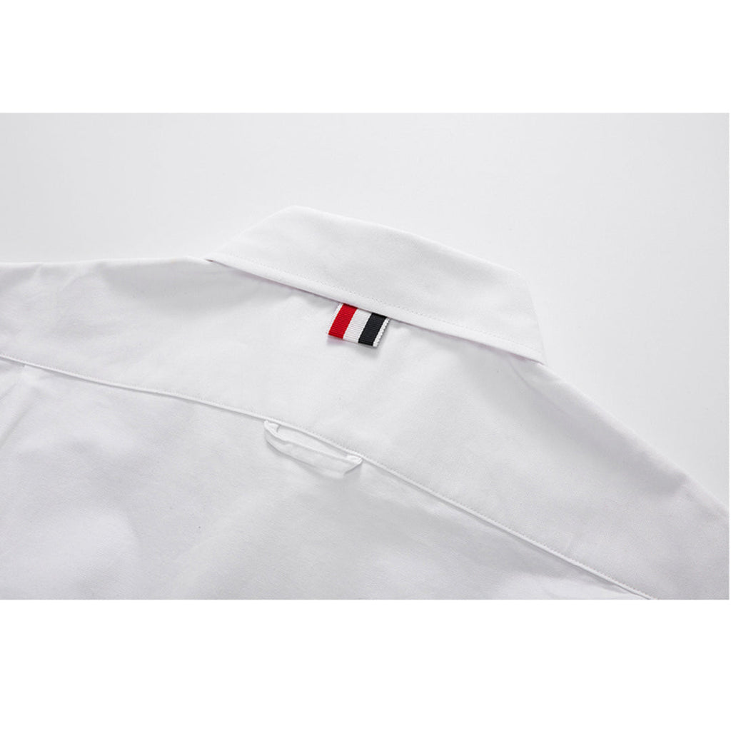 Men's Camouflage Oxford Shirt — Partial Button Front by Thom Browne, shirt detail view