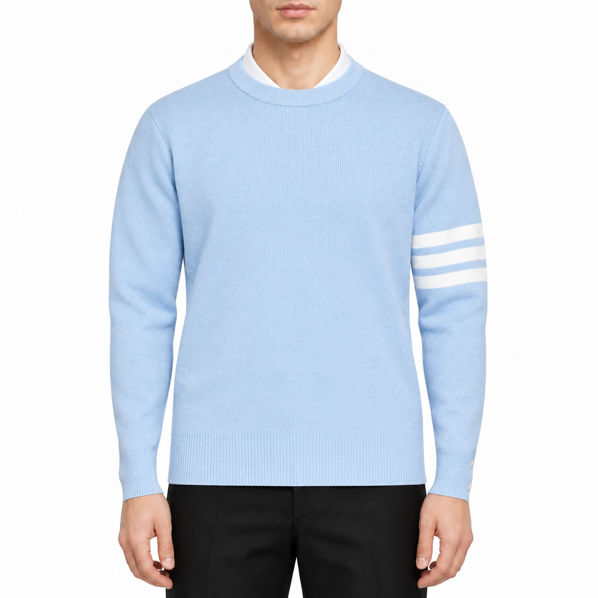 sweater by Thom Browne, modeled on a pure white background