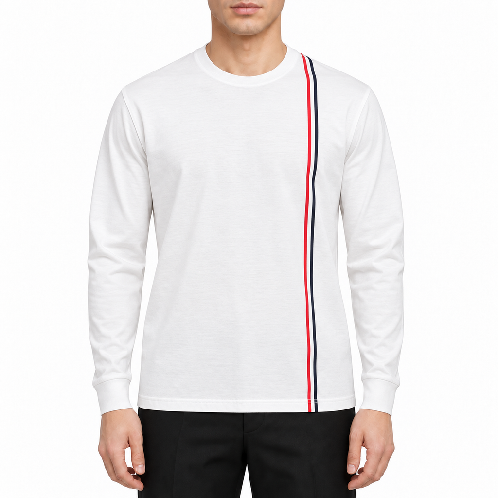Men's Long-Sleeve T-Shirt by Thom Browne, modeled on a pure white background